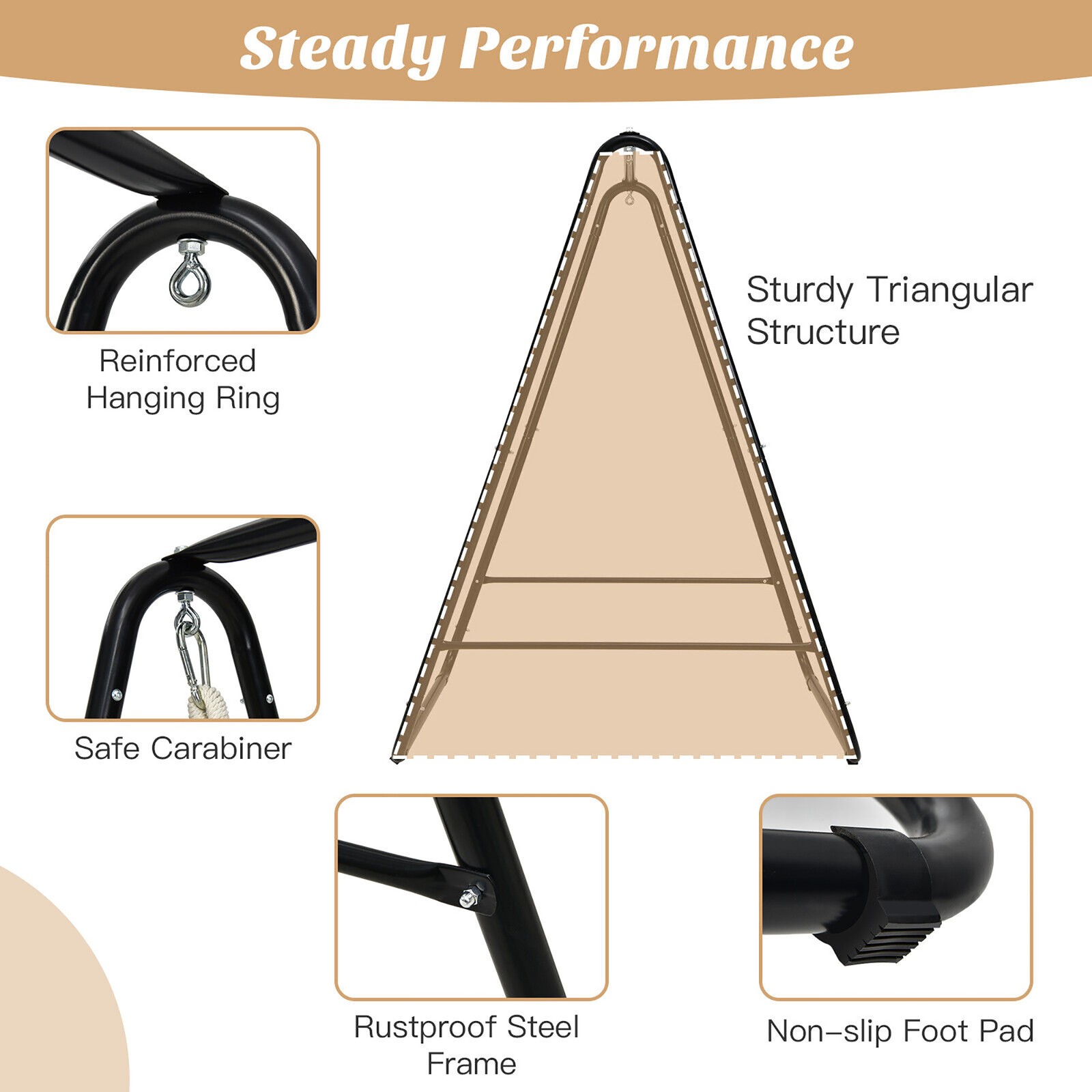 Hammock Chair Stand Hanging Padded Swing Heavy Duty Steel Outdoor Beige
