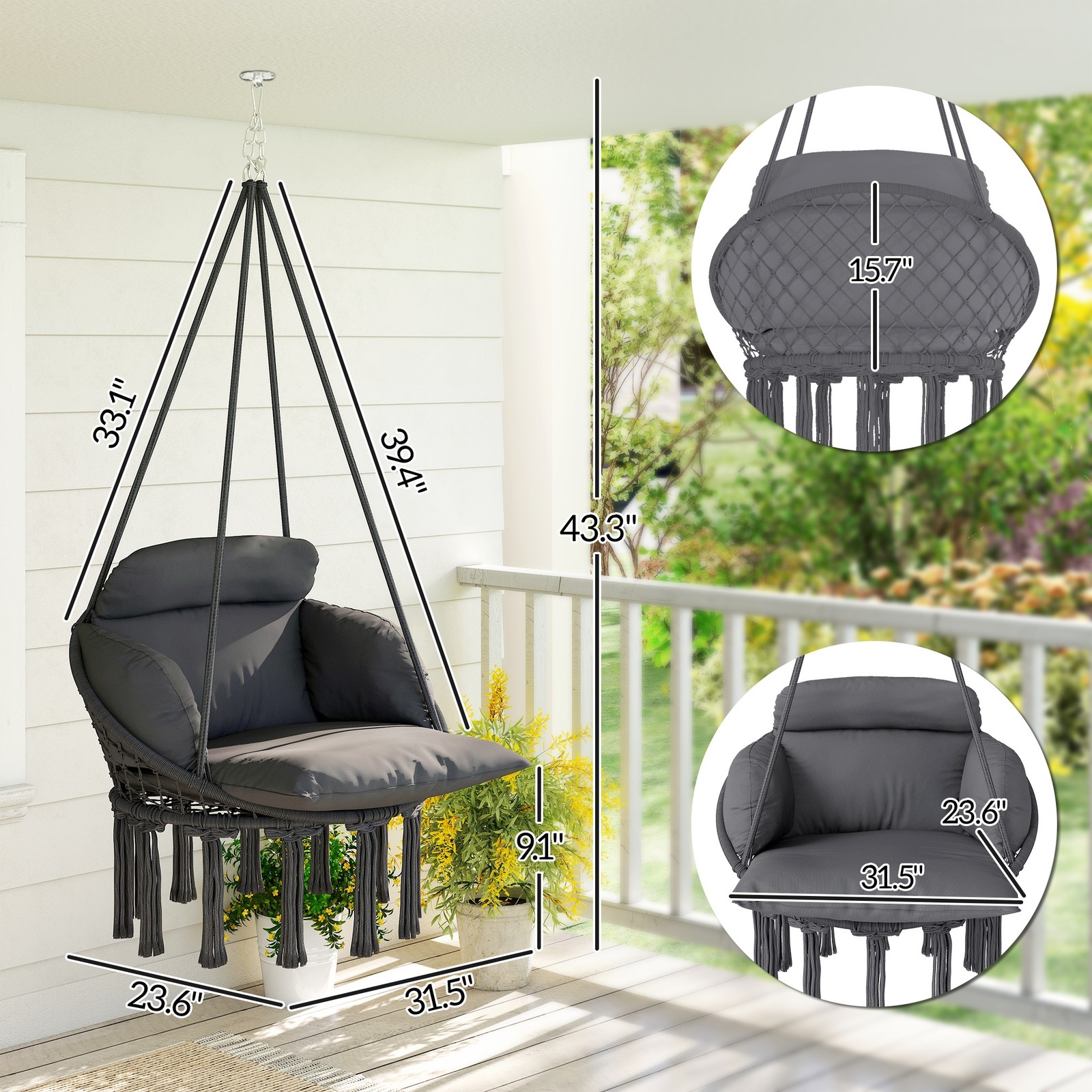 Outsunny Hanging Hammock Chair with Cushion, Macrame Swing Chair, Dark Gray