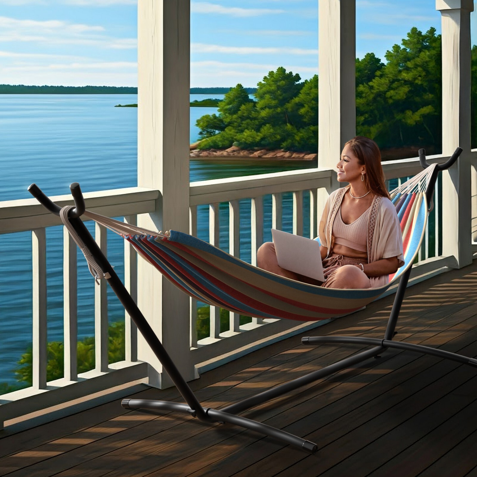 Brazilian Double Hammock with stand – Blue, Sand, Purple, Red Stripes