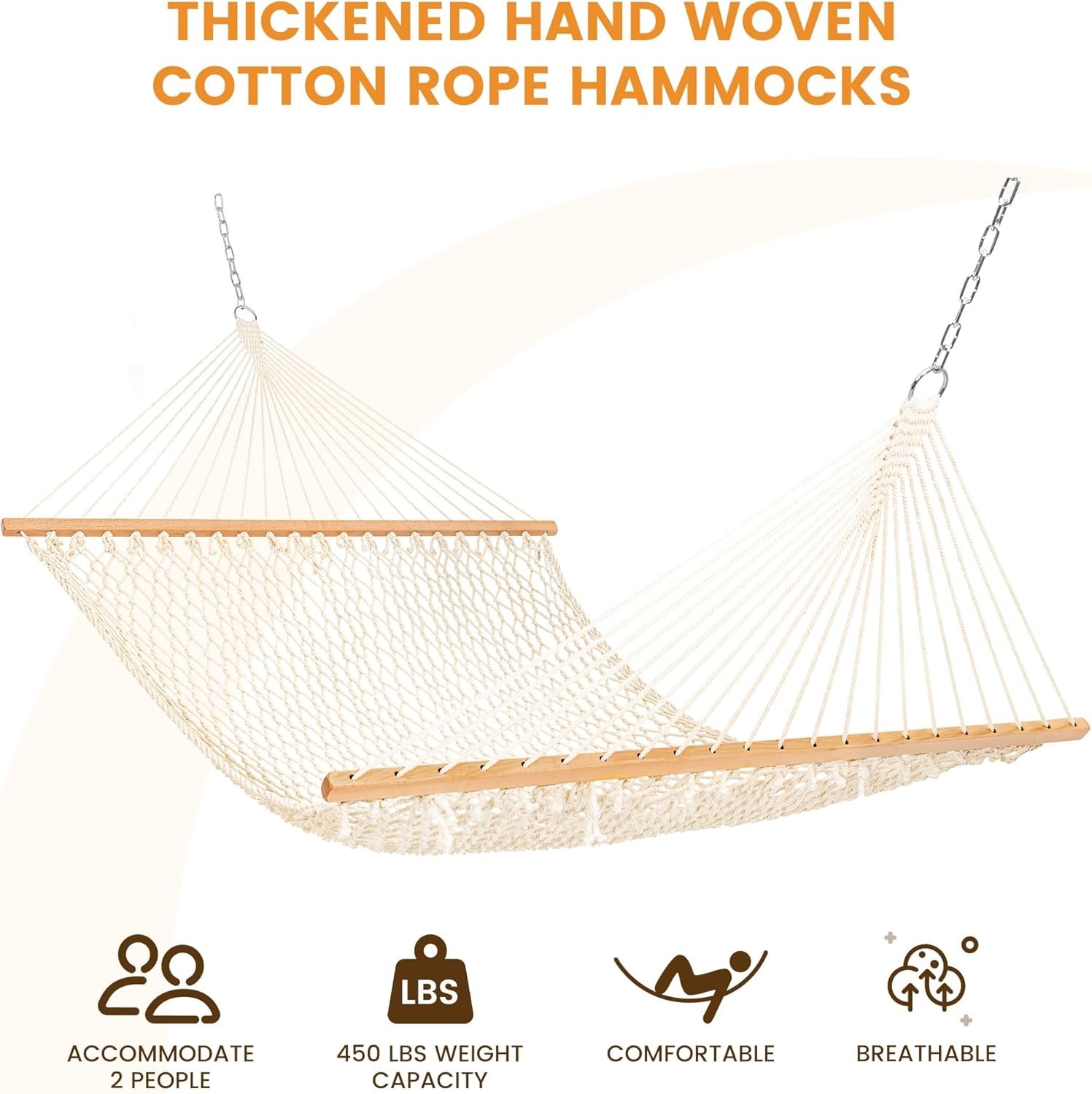 Double Rope Hammock, 2 Person Traditional Outdoor Hand Woven Cotton Rope Hammock