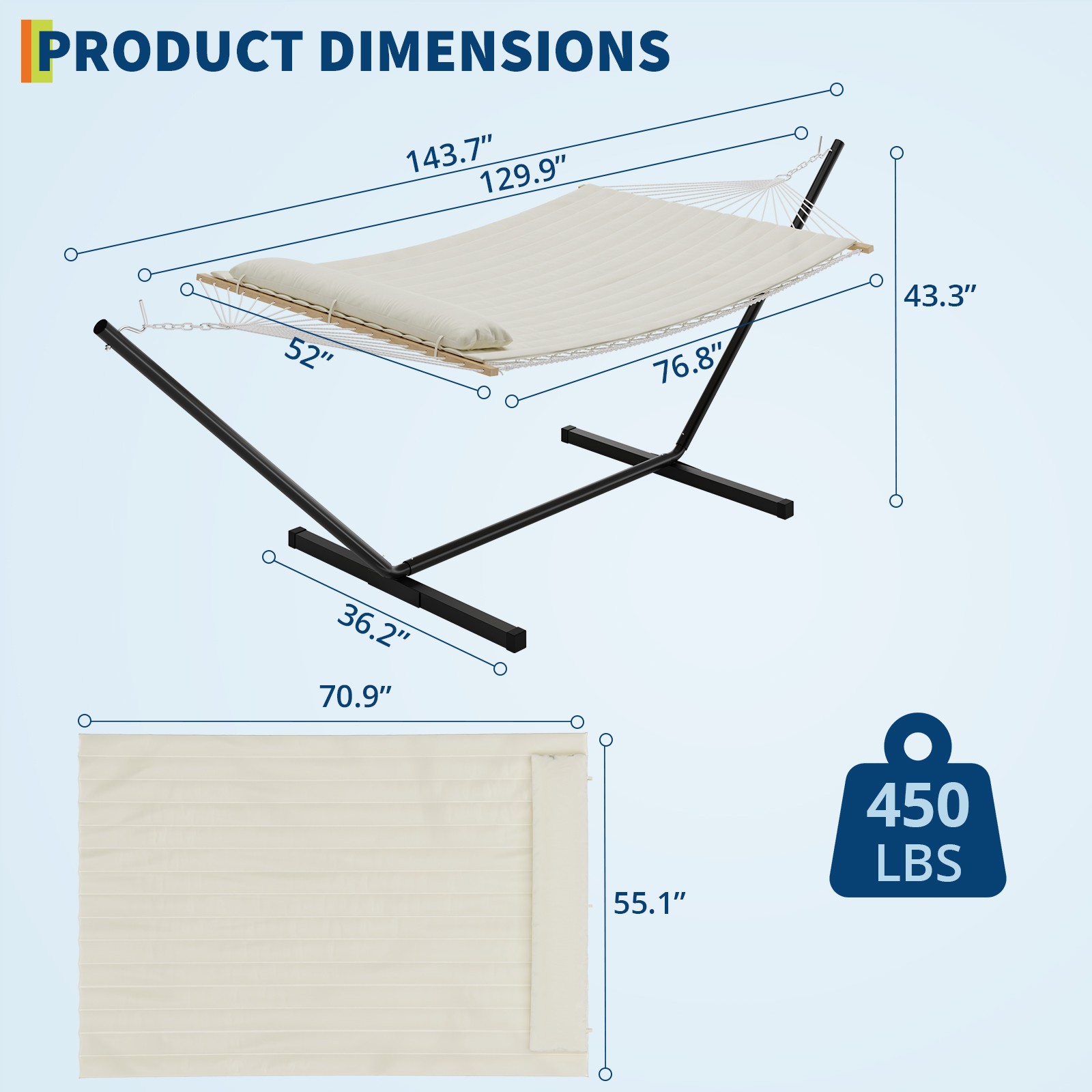 450Lbs Double Hammock with Stand, 2 Person Heavy Duty Hammock with Padded Cotton