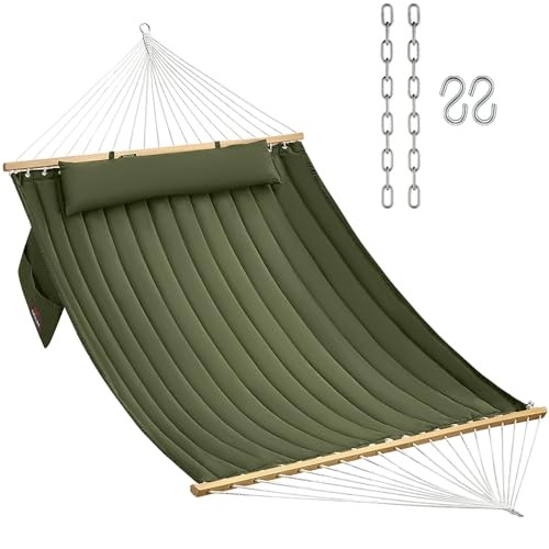 Double Quilted Fabric Hammock with Hardwood Spreader Bars and Pillow 450 Green