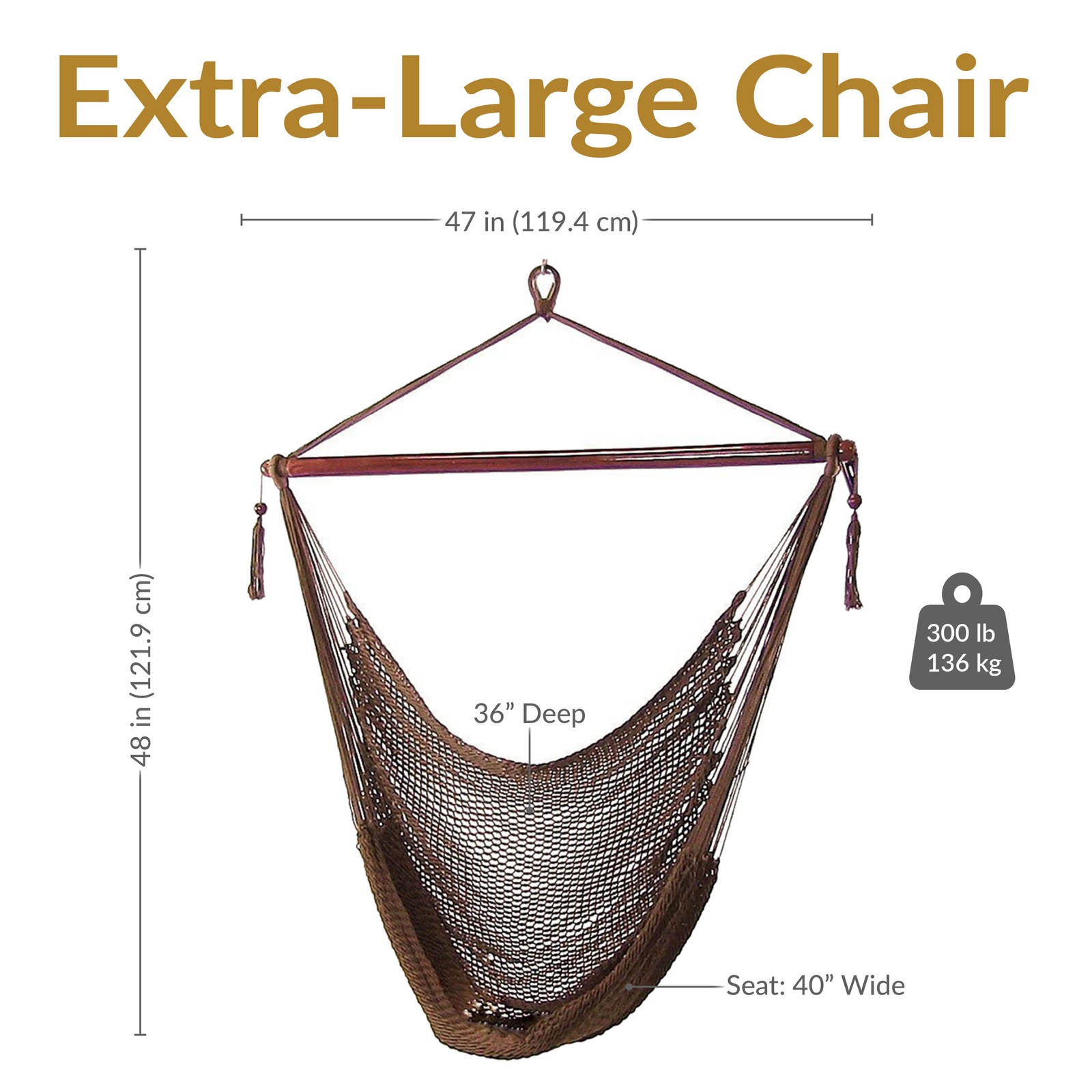 Extra Large Polyester Rope Hammock Chair and Spreader Bar – Mocha by Sunnydaze