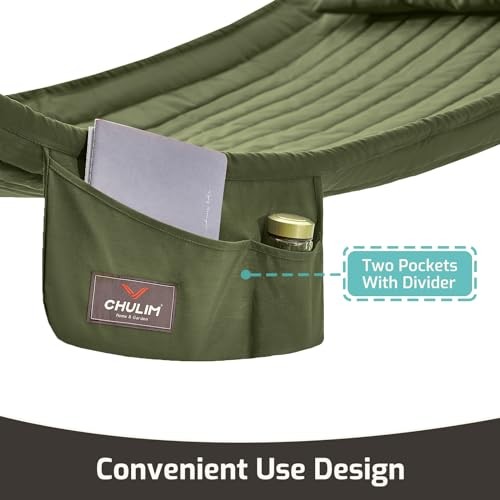 Double Quilted Fabric Hammock with Hardwood Spreader Bars and Pillow 450 Green