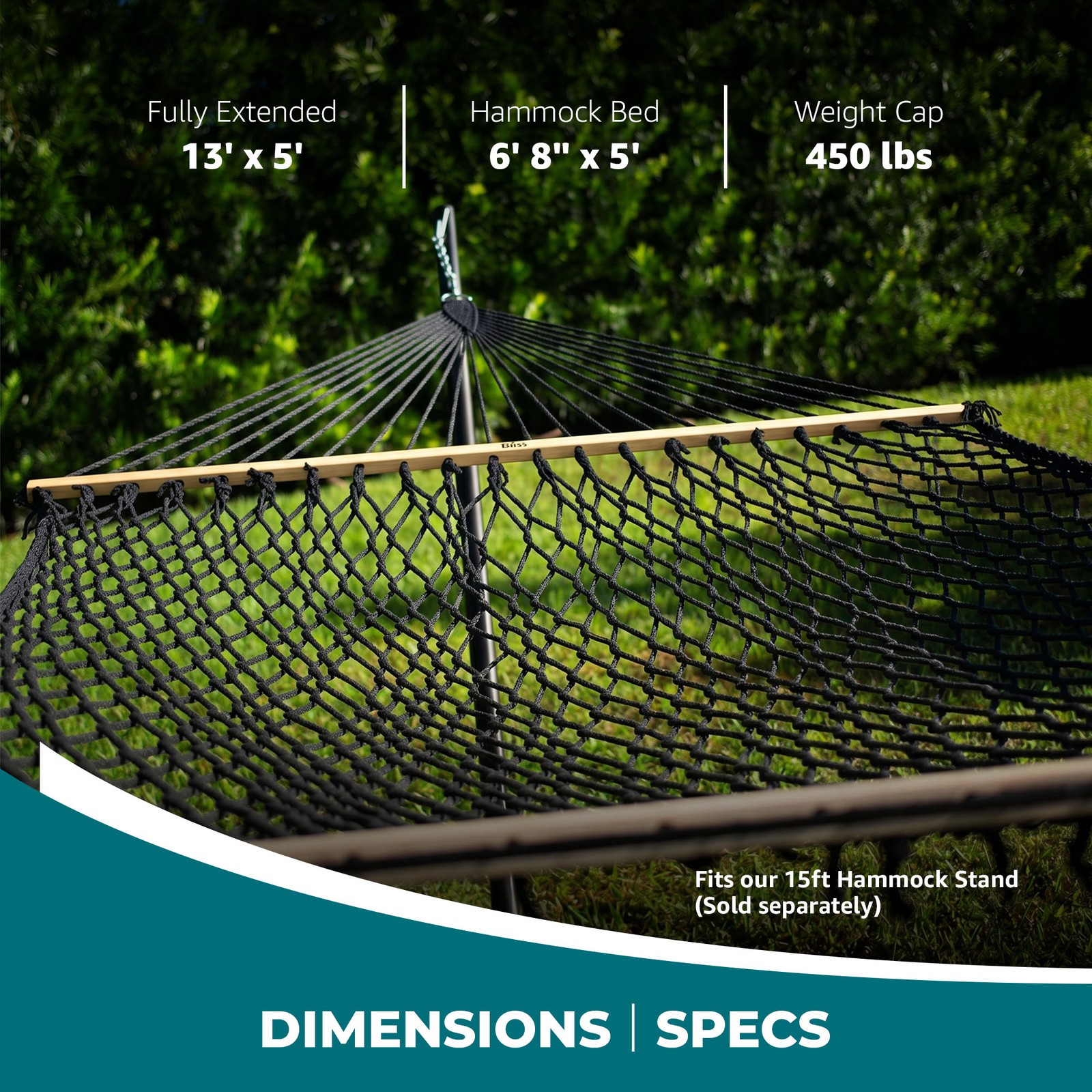 Bliss Hammocks Classic 2-Person Cotton Rope Hammock w/Spreader Bar, 80×60, Black