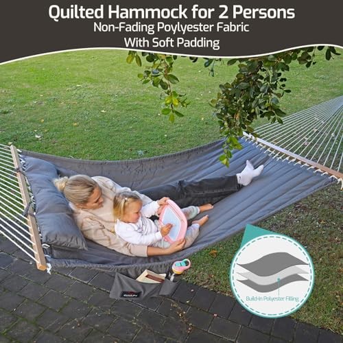 Double Quilted Fabric Hammock with Hardwood Spreader Bars and Pillow 450 Green