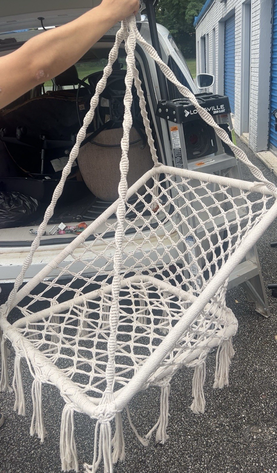 White Rope Hanging Hammock Chair with Fringe, Portable Macrame Style