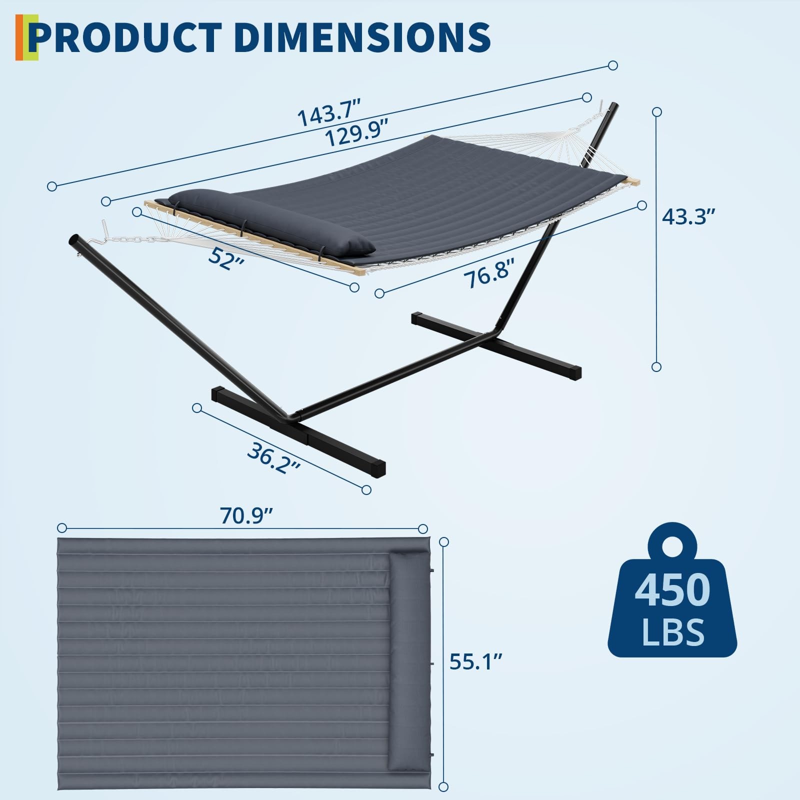 ⛳Heavy Duty Double Hammock with Stand – 450 Lbs Capacity Portable & Freestanding