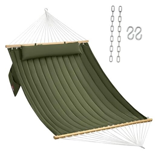 Double Quilted Fabric Hammock with Hardwood Spreader Bars and Pillow 450 Green