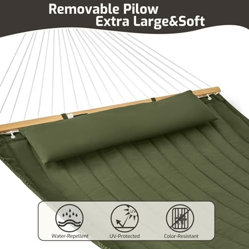 Double Quilted Fabric Hammock with Hardwood Spreader Bars and Pillow 450 Green