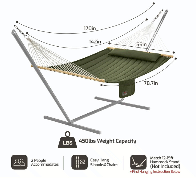 Double Quilted Hammock with Hardwood Spreader Bars & Pillow, 450LBS Green