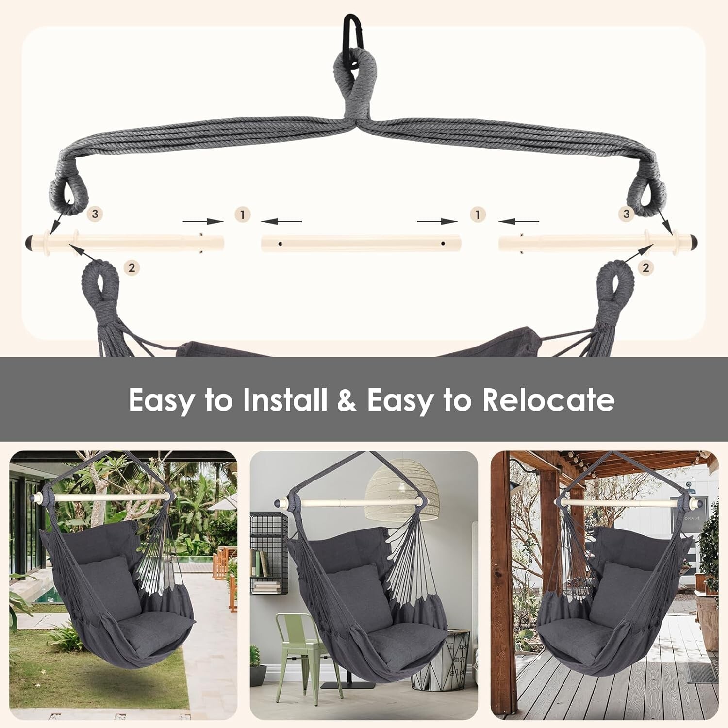 Hammock Chair Hanging Rope Swing Polyester 500lbs Indoor Outdoor Grey