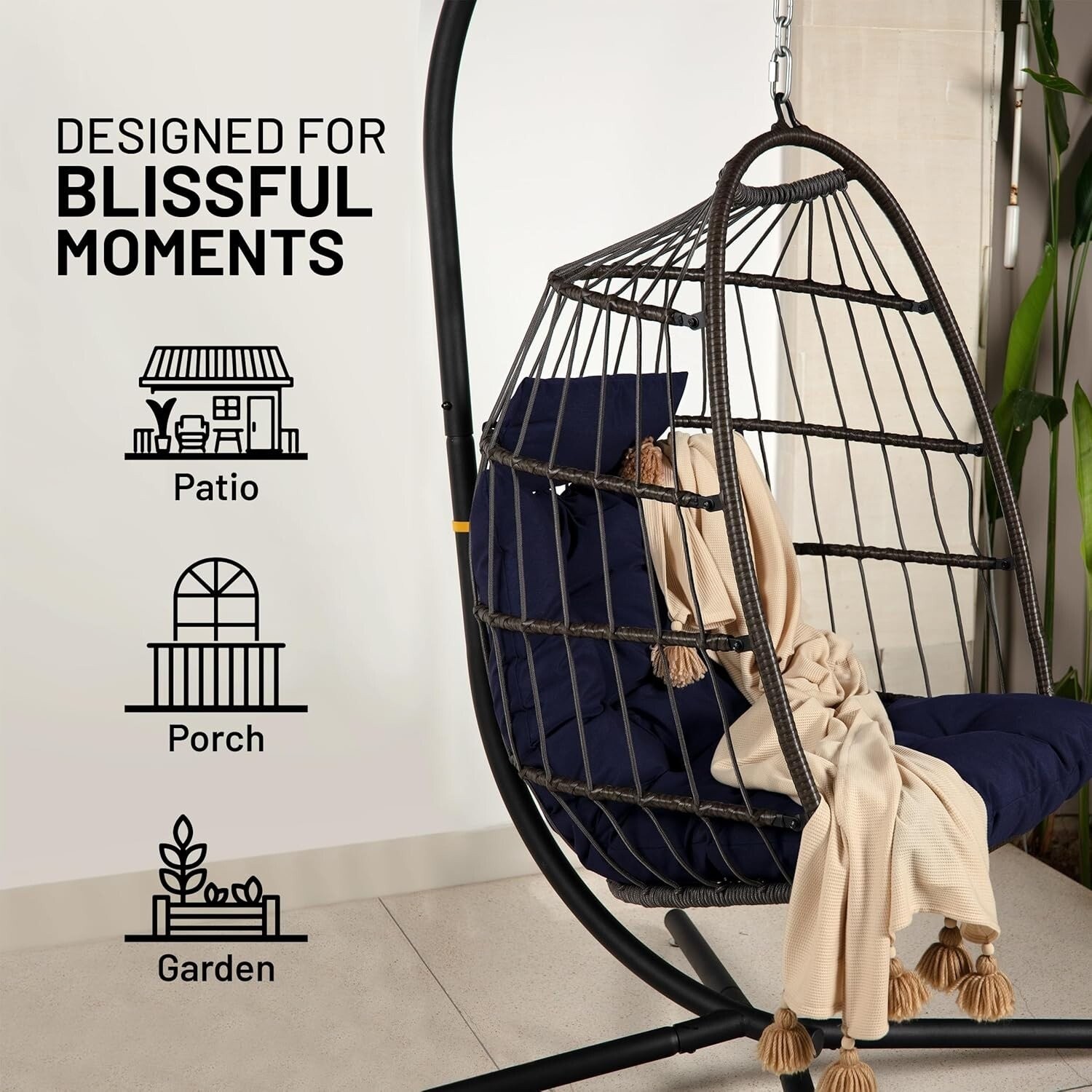 SereneLife Hanging Egg Chair with Stand – Up to 550 lbs of Capacity (Deep Blue)