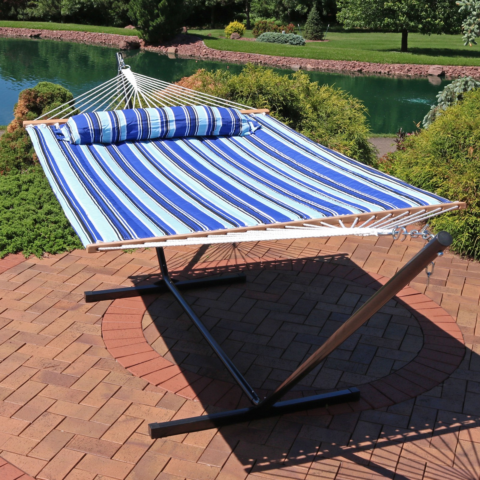2-Person Quilted Fabric Hammock with Steel Stand – Catalina Beach by Sunnydaze