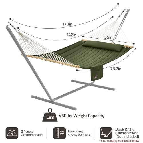 Double Quilted Fabric Hammock with Hardwood Spreader Bars and Pillow 450 Green