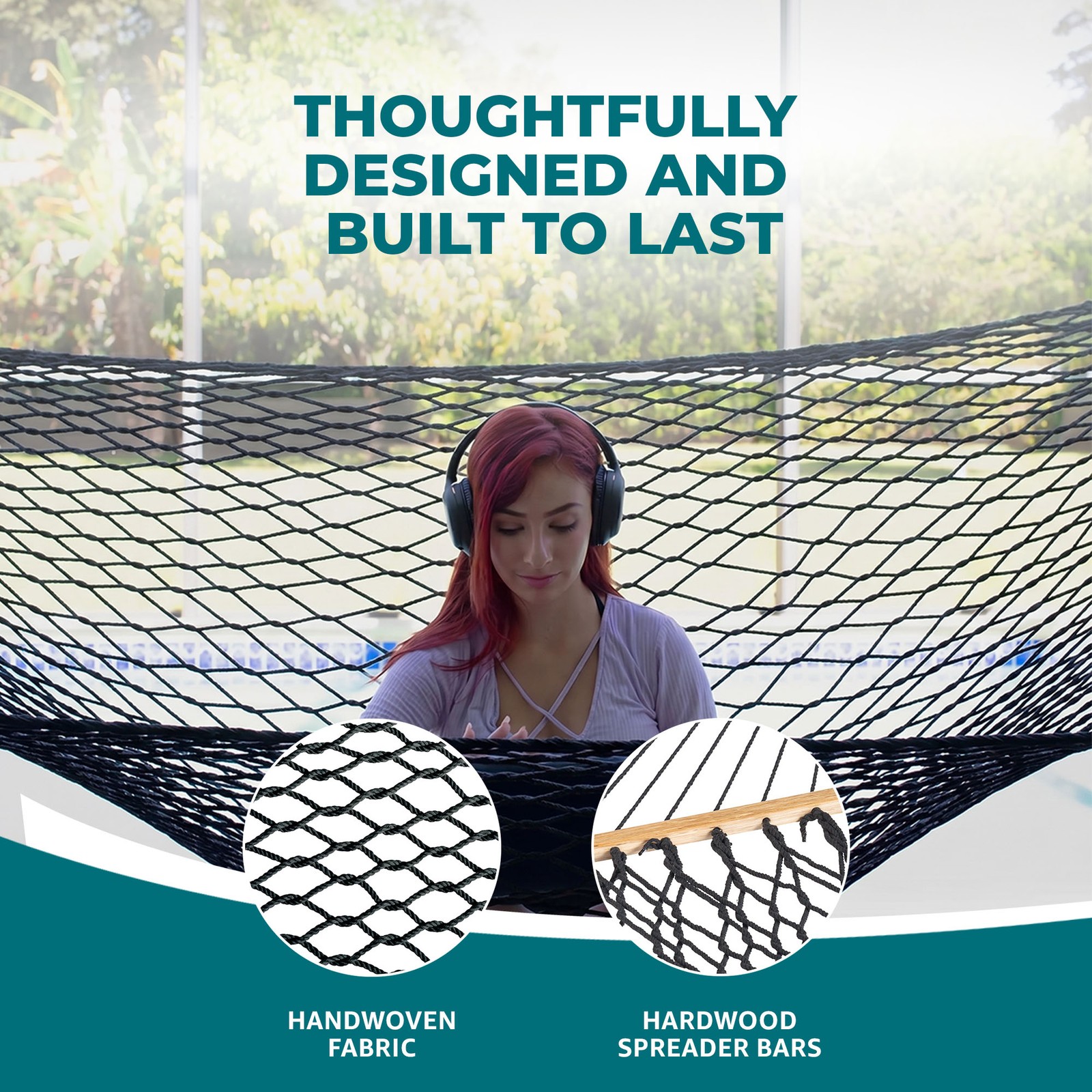 Bliss Hammocks Classic 2-Person Cotton Rope Hammock w/Spreader Bar, 80×60, Black
