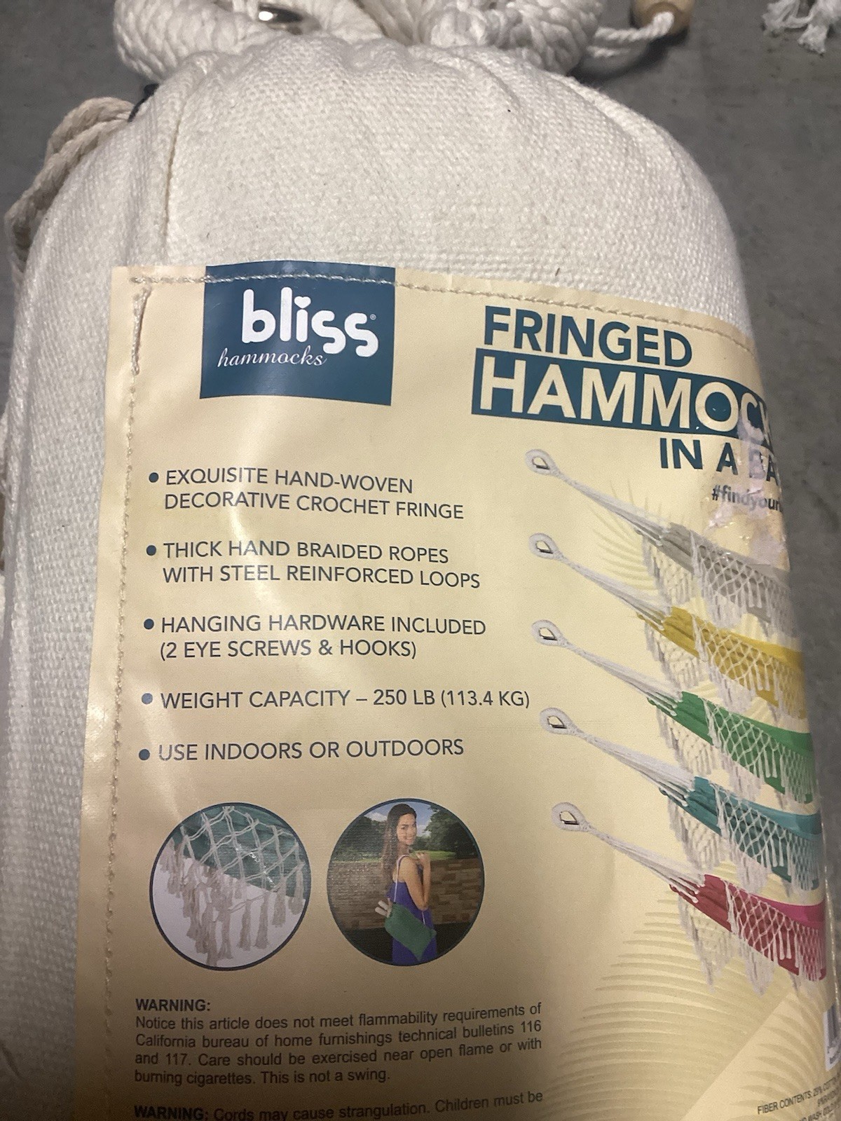 BLISS Hammocks Polyester Hand-Braided Hammock in a Bag Crochet Fringed Cream NIB