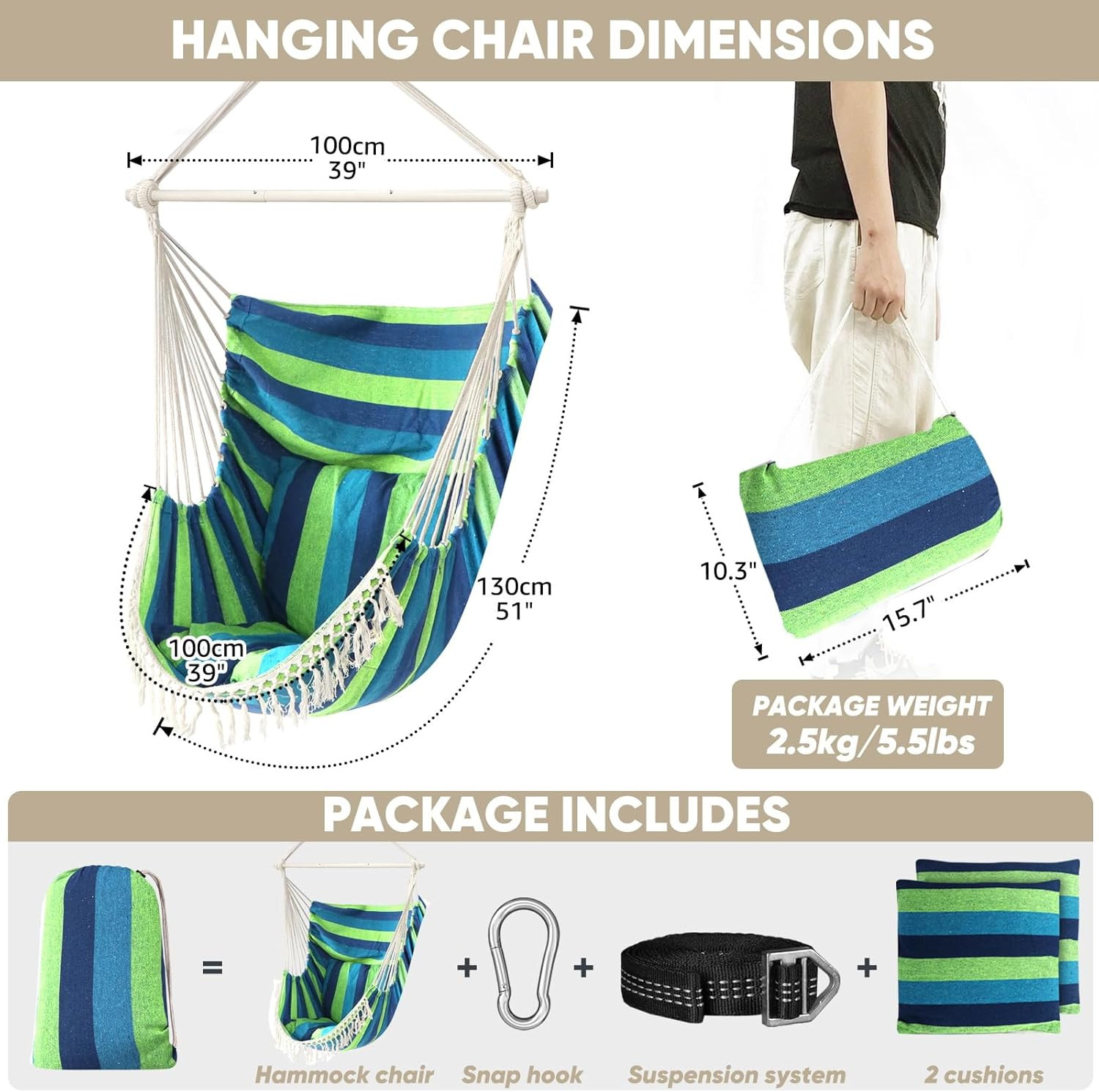 Hammock Swing Chair 500lbs 2 Cushion Steel Spreader Bar Portable Side Pocket