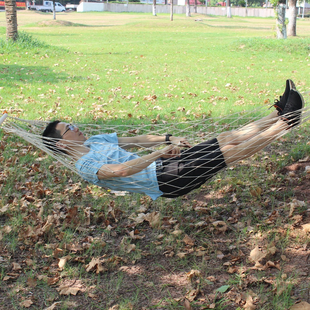 Outdoor Indoor Net-shaped Cotton Rope Hammock With Wooden Sticks