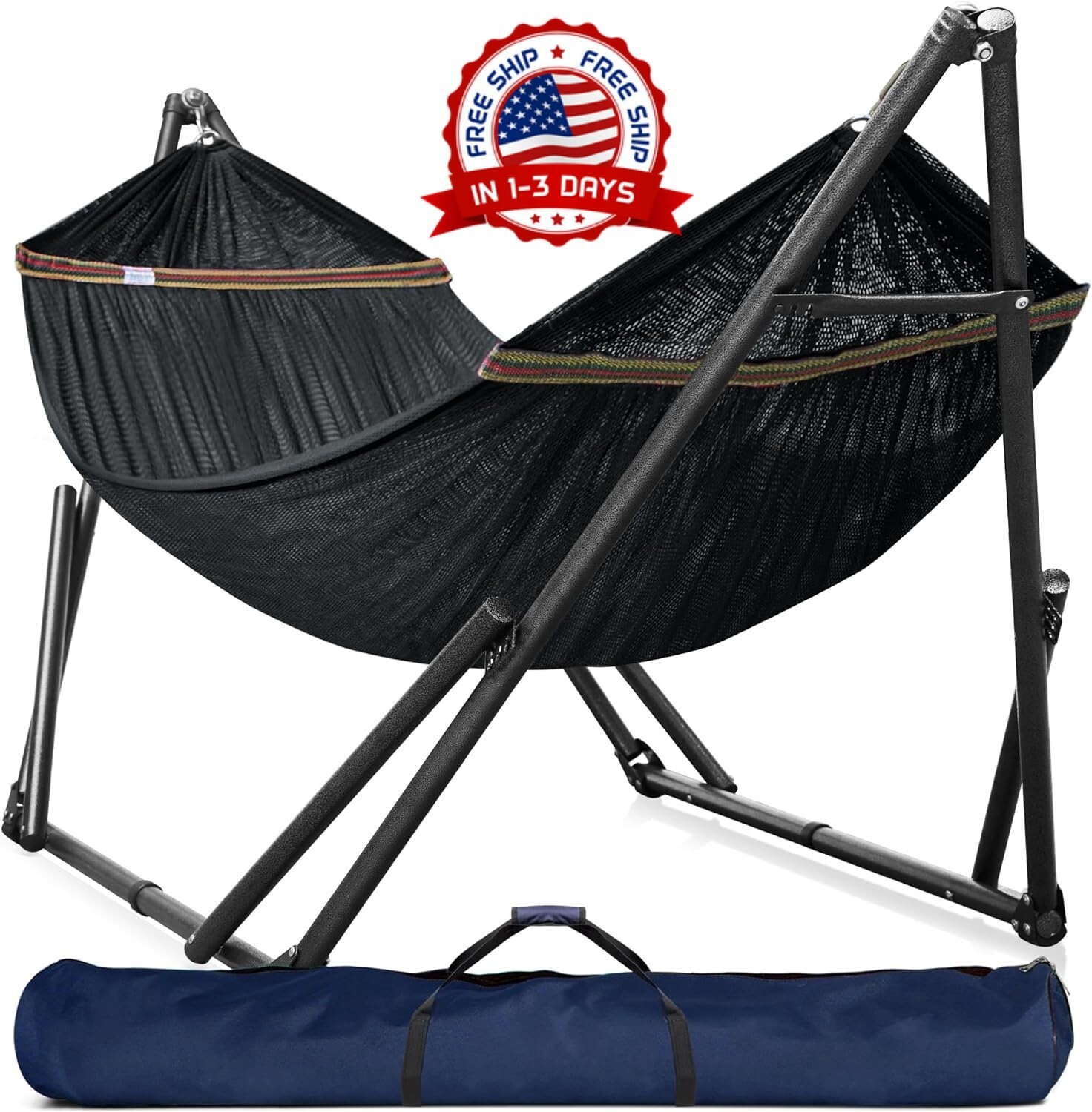 Hamaca Doble De Acero 2 Personas Con Soporte Base Para Patio Jardin Exterior New