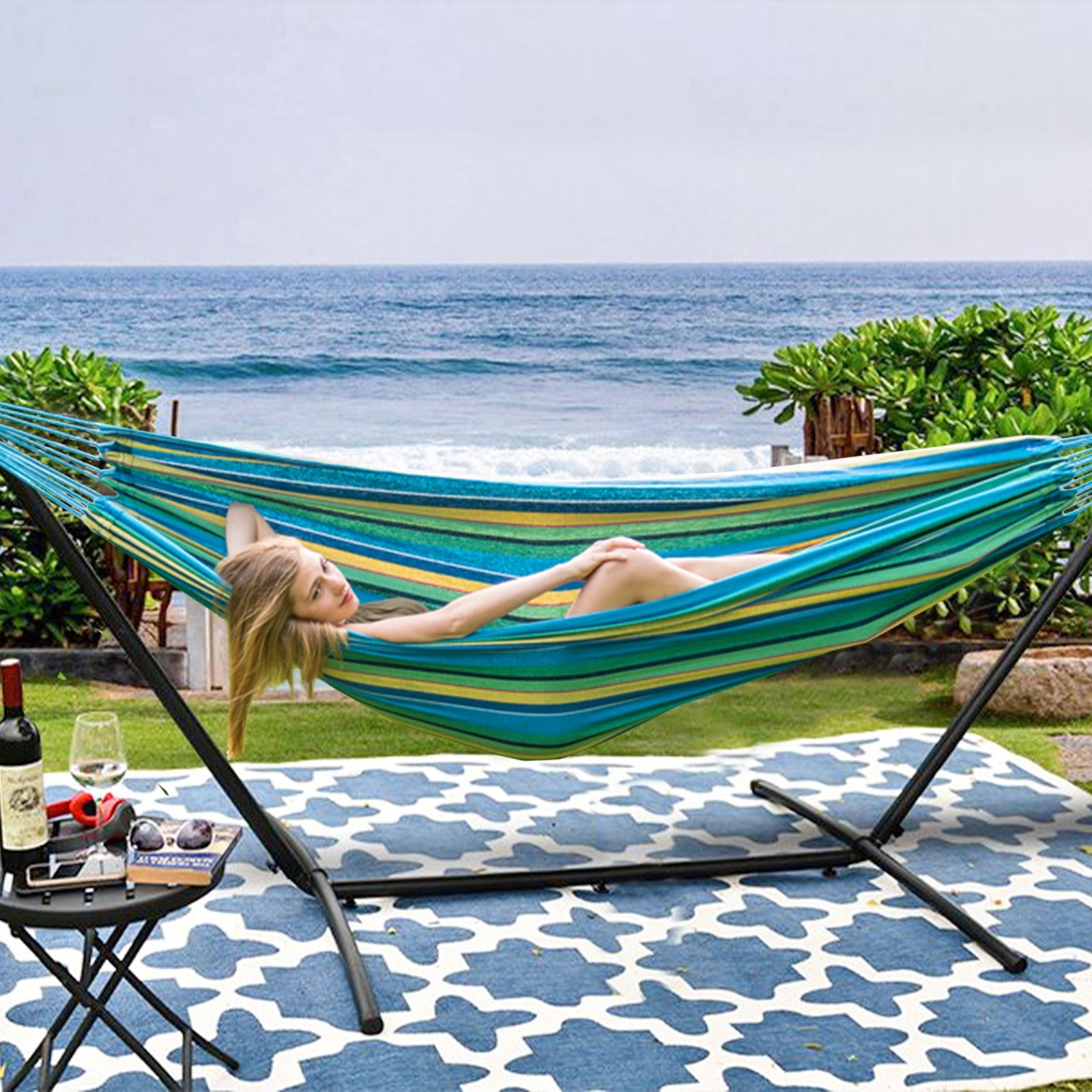 Double Size Hammock with 9 ft Steel Stand 450lbs Capacity