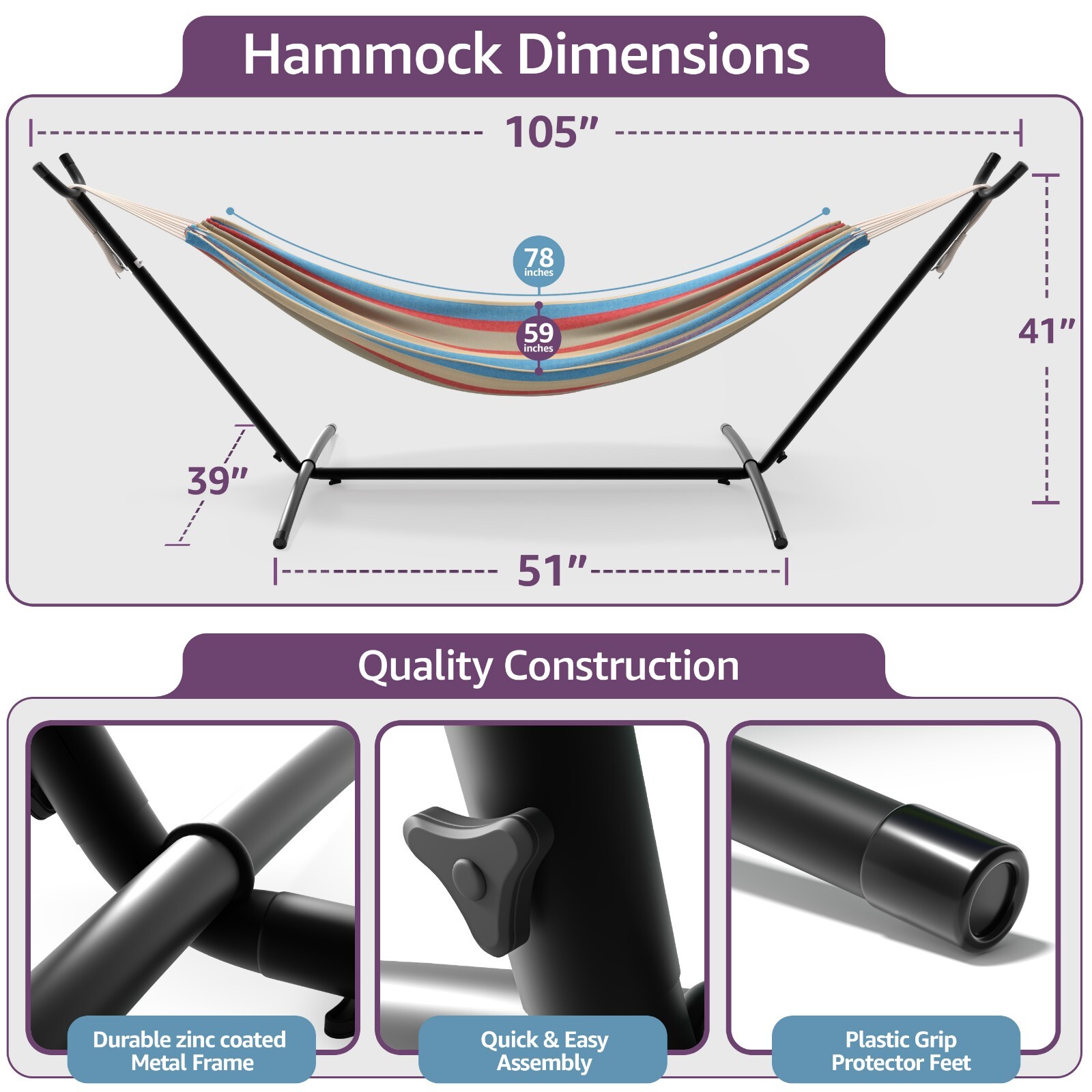 Brazilian Double Hammock with stand – Blue, Sand, Purple, Red Stripes