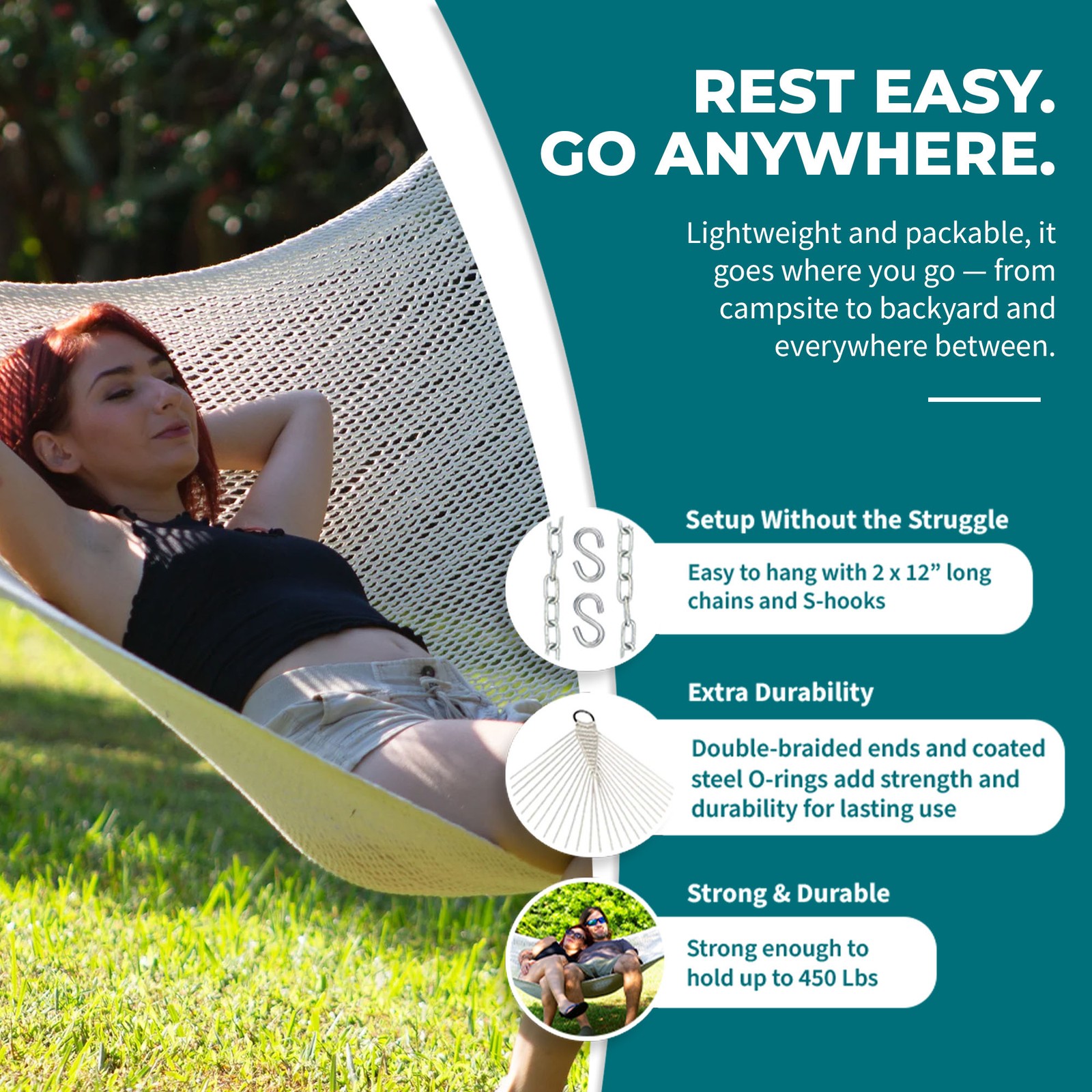 Bliss Hammocks Weekend Deluxe 2-Person Polyester Rope Hammock w/Spreader, 80×55