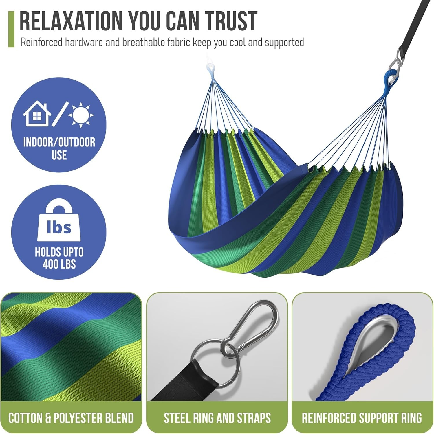 Brazilian Double Hammock Extra-Long Portable Indoor Outdoor Blue/Green