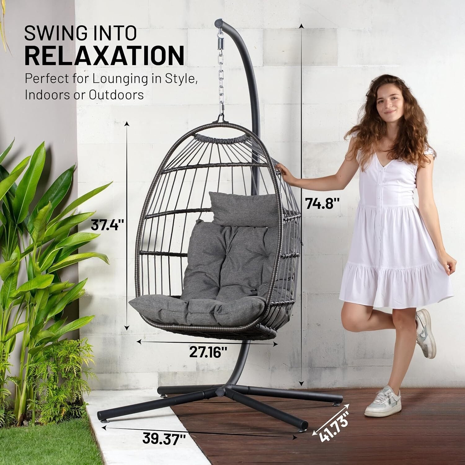 SereneLife Hanging Egg Chair with Stand – Up to 550 lbs of Capacity