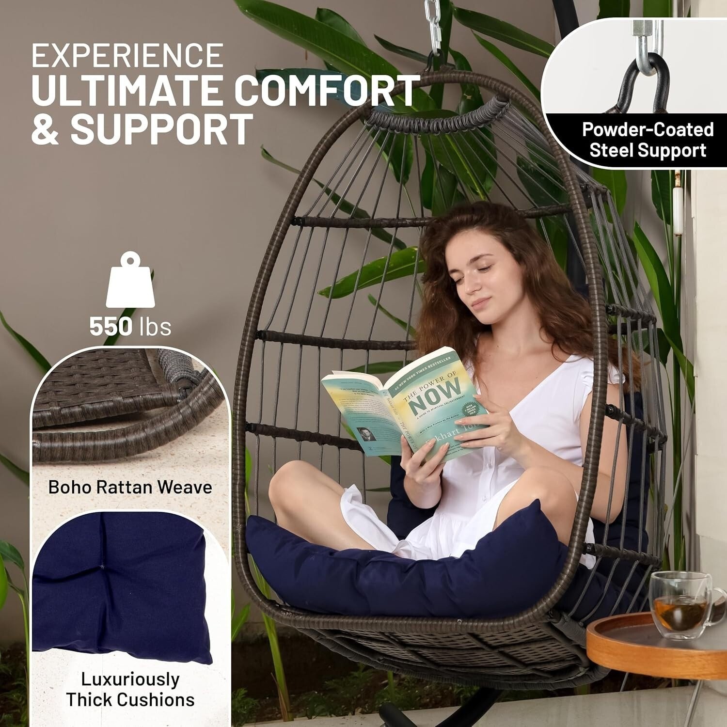 SereneLife Hanging Egg Chair with Stand – Up to 550 lbs of Capacity (Deep Blue)