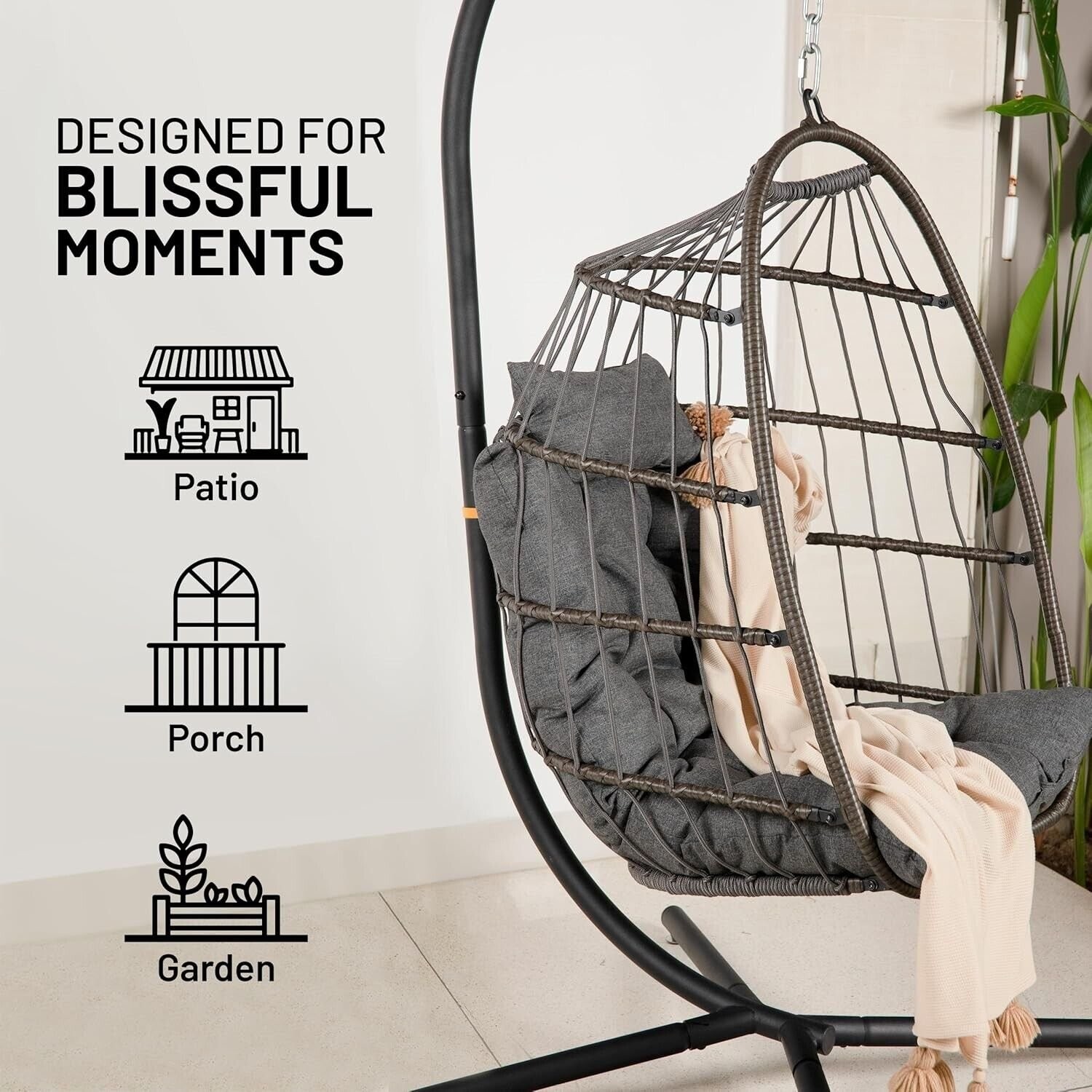 SereneLife Hanging Egg Chair with Stand – Up to 550 lbs of Capacity