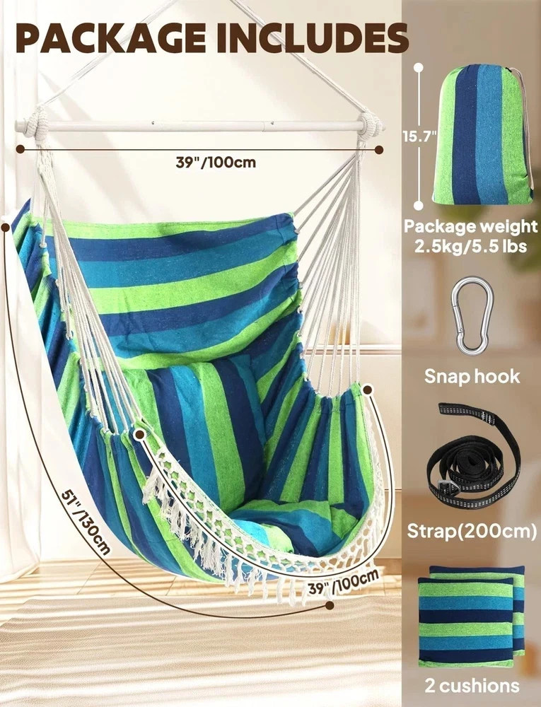 Chihee Hammock Chair Hanging Swing Max 500 Lbs 2 130x100cm, Blue Green