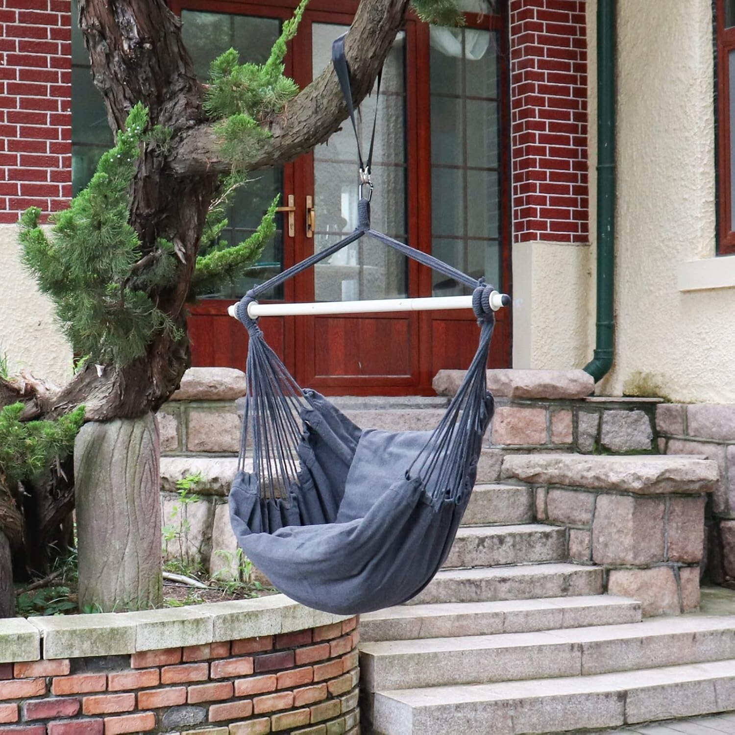 Hammock Chair Hanging Rope Swing Polyester 500lbs Indoor Outdoor Grey