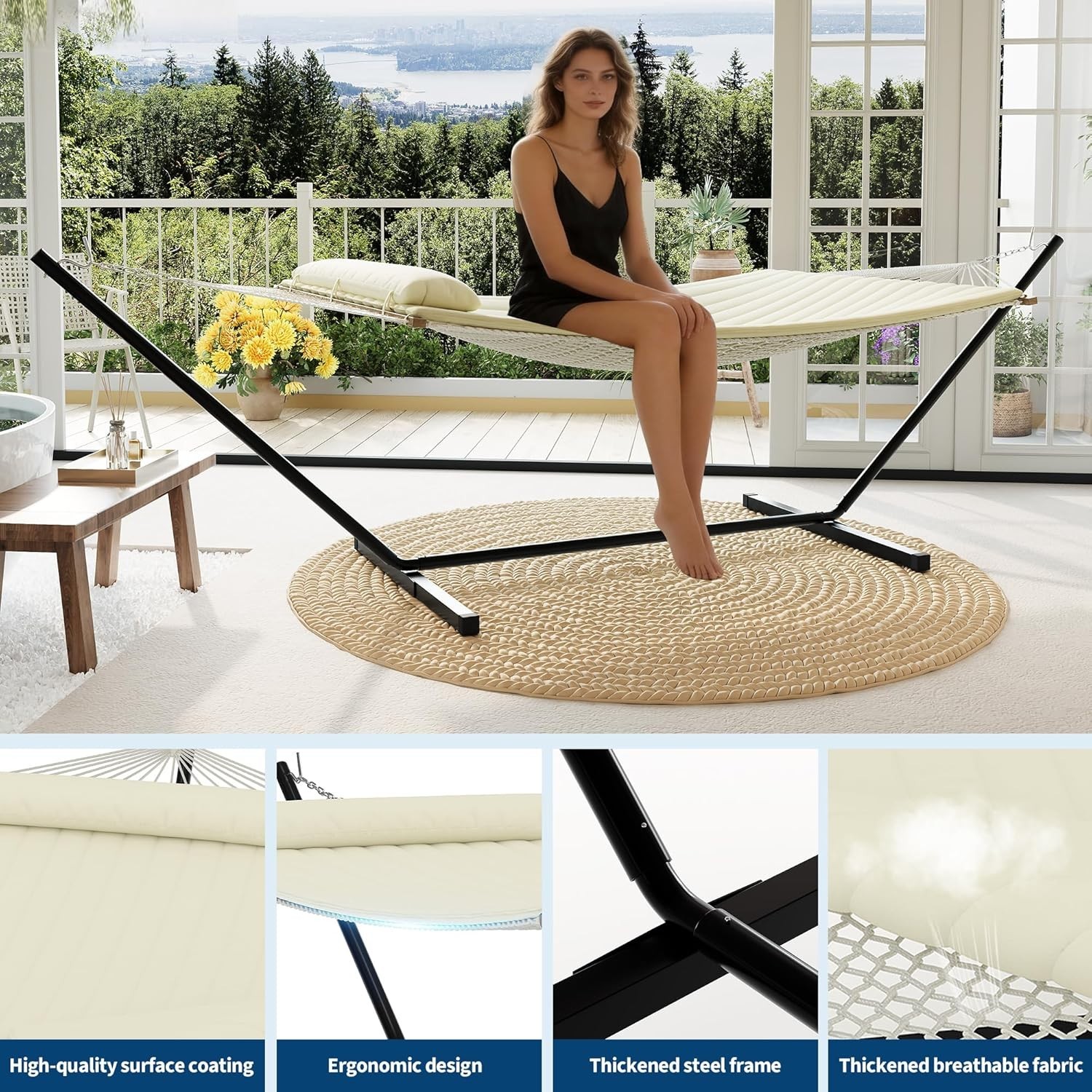 Portable Double Hammock with Stand and Pillow 2 Person Heavy Duty Outdoor
