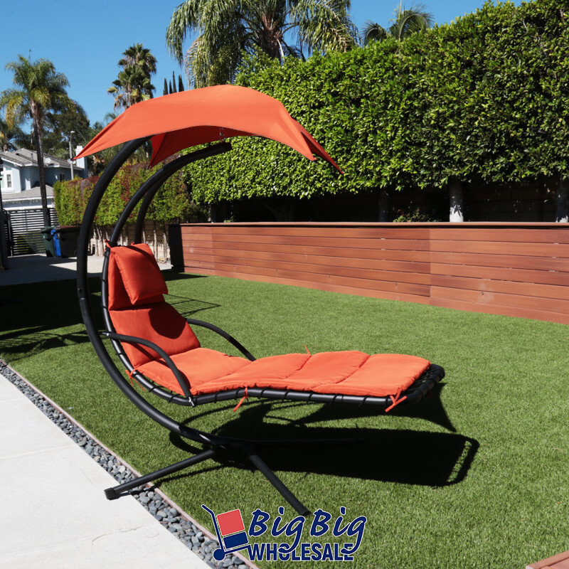 Patio Hanging Chaise Swing Lounge Chair Cushion Orange Outdoor Canopy Arc Stand