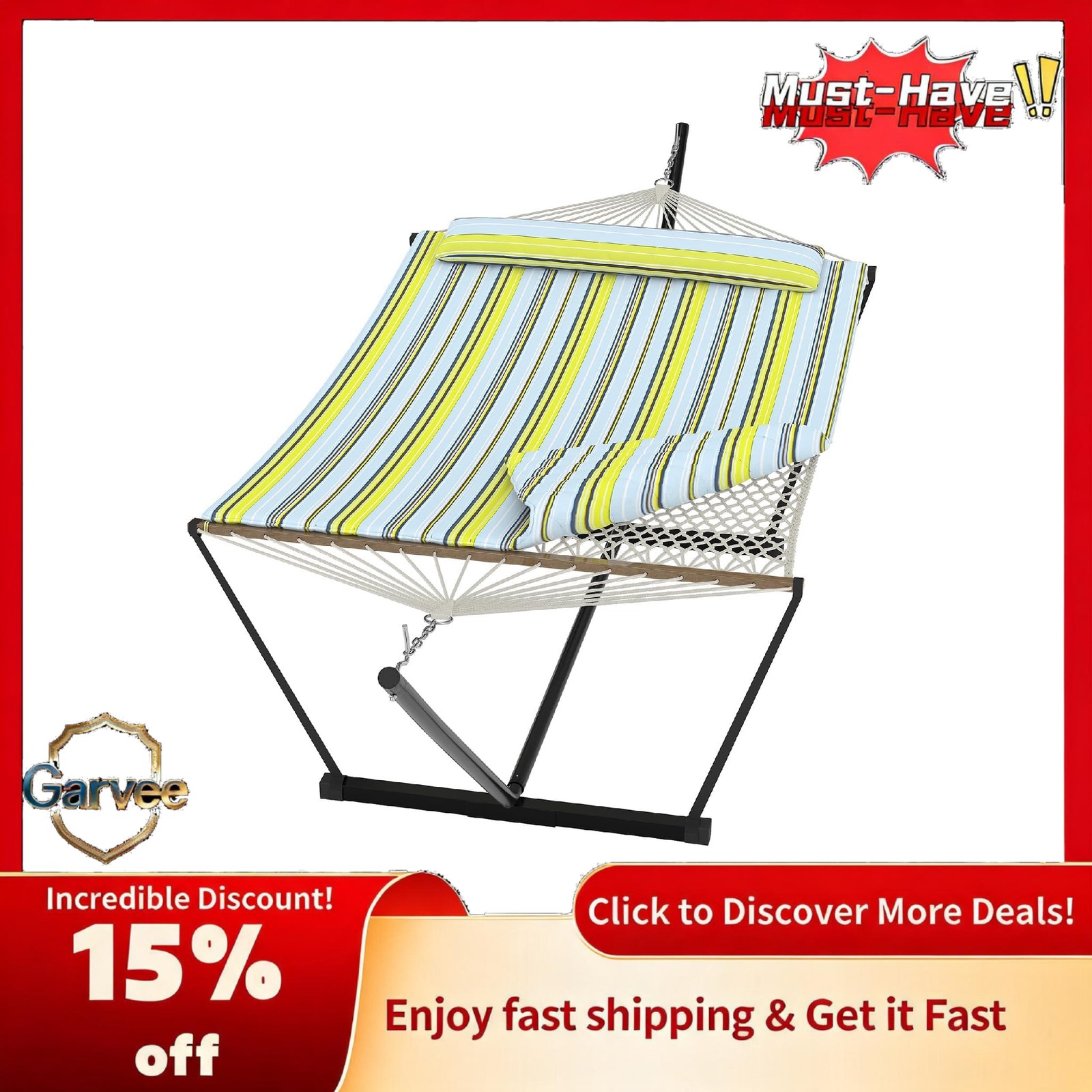 Double Hammock with Steel Stand Pillow Padded 2 Person 450Lbs Portable