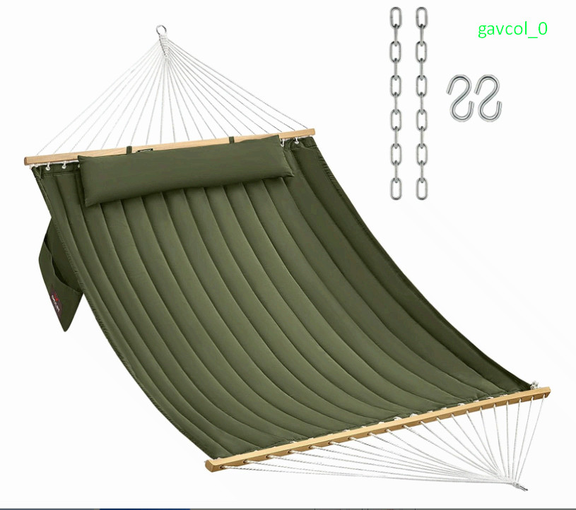 Double Quilted Hammock with Hardwood Spreader Bars & Pillow, 450LBS Green