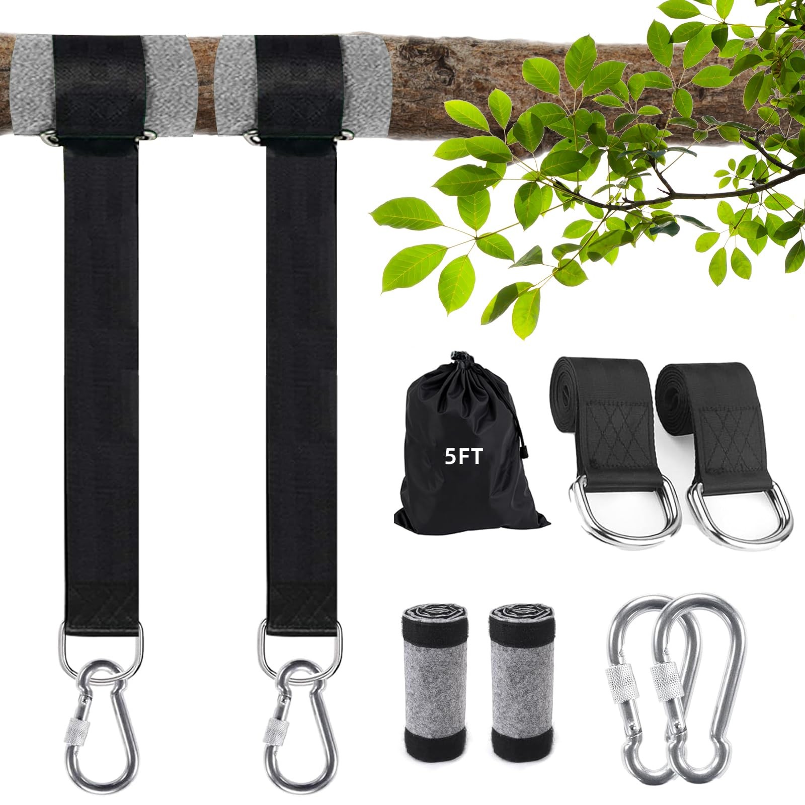 2 Pack 5Ft Tree Swing Hanging Straps Kit wiht Screw Lock Carabiners Swivel Hook