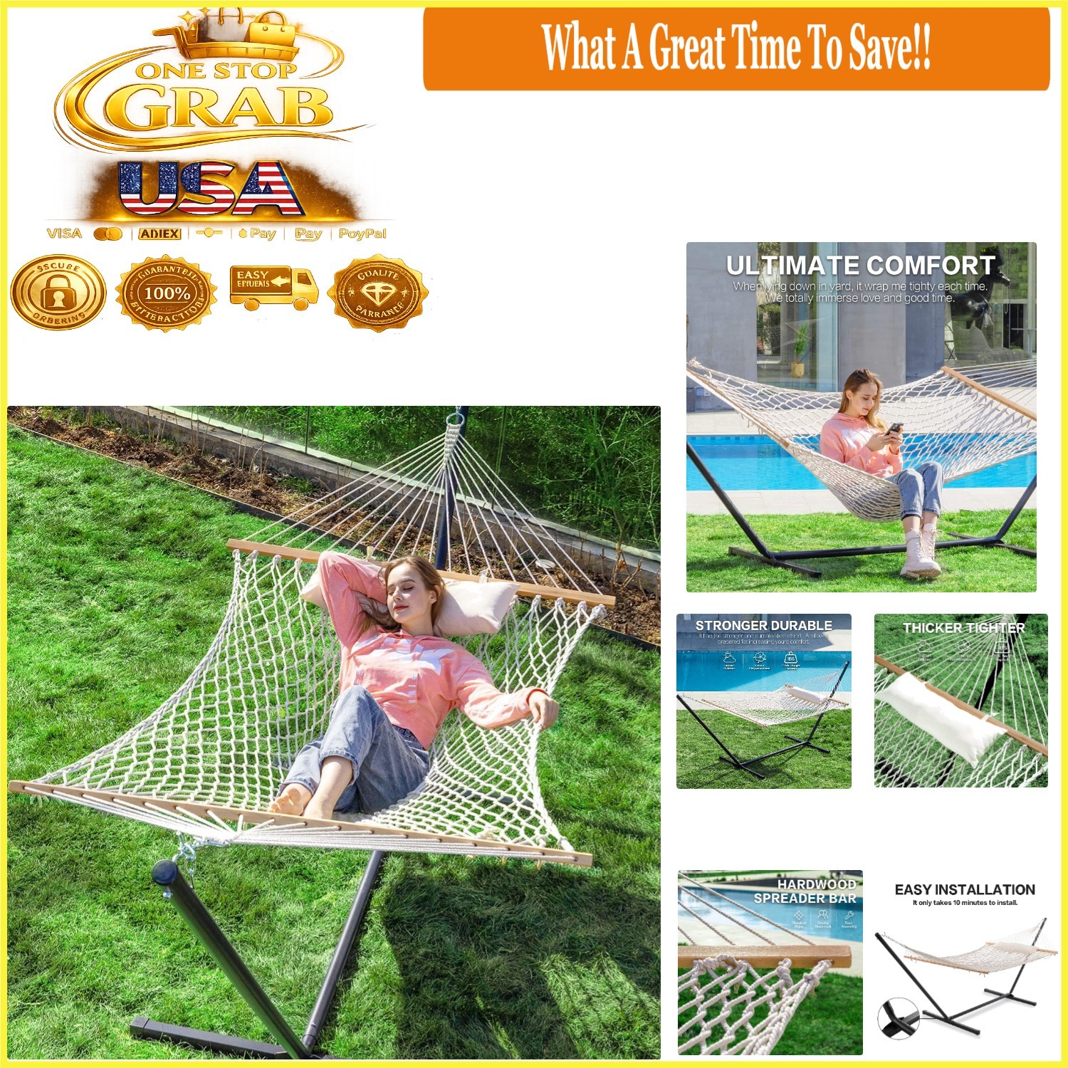 Burlywood Double Rope Hammock with 12ft Steel Stand 2 Person Cotton Outdoor