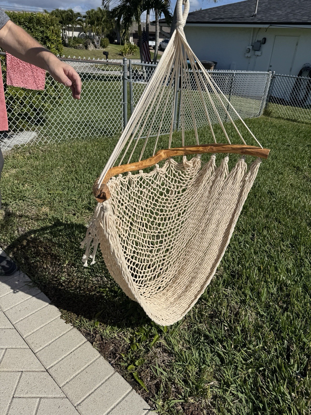 Large Heavy Duty Hand Carved Wooden Rod Frame Rope Swing Chair Fringe Bohemian