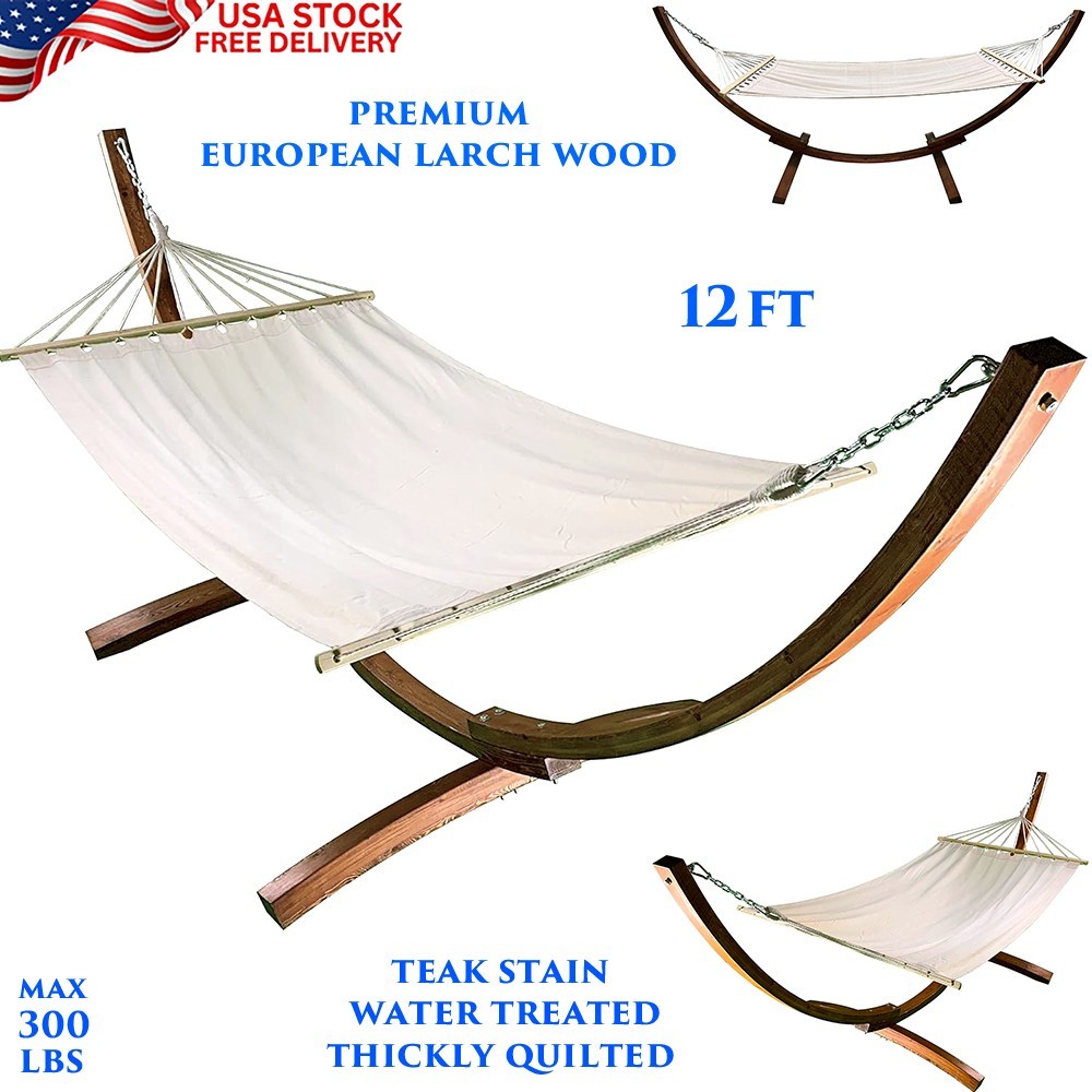12FT PREMIUM QUILTED HAMMOCK WITH EUROPEAN LARCH WOOD ARC STAND INDOOR OUTDOOR