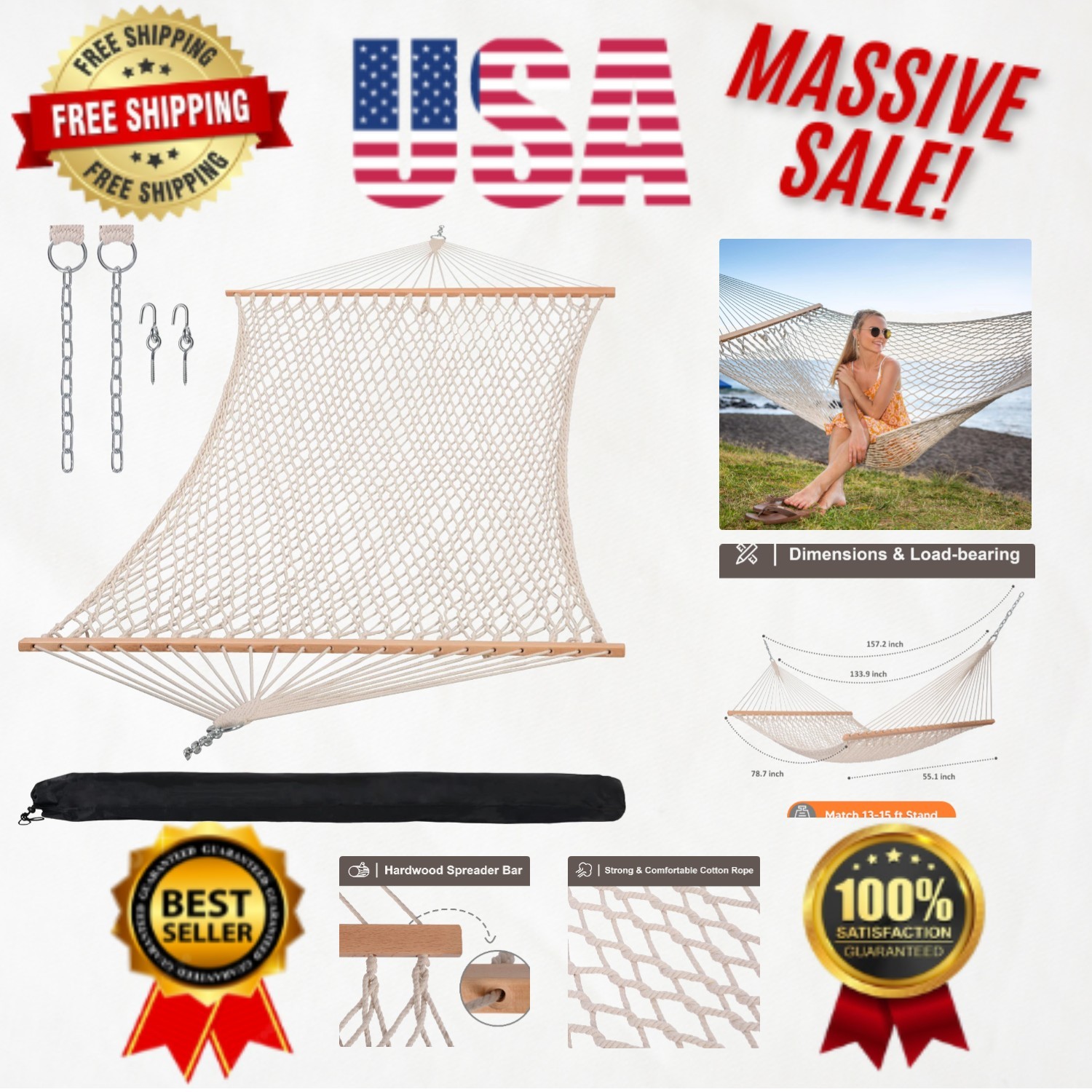 Elegant Traditional Rope Double Hammock with 450 lbs Capacity for Outdoor Bliss