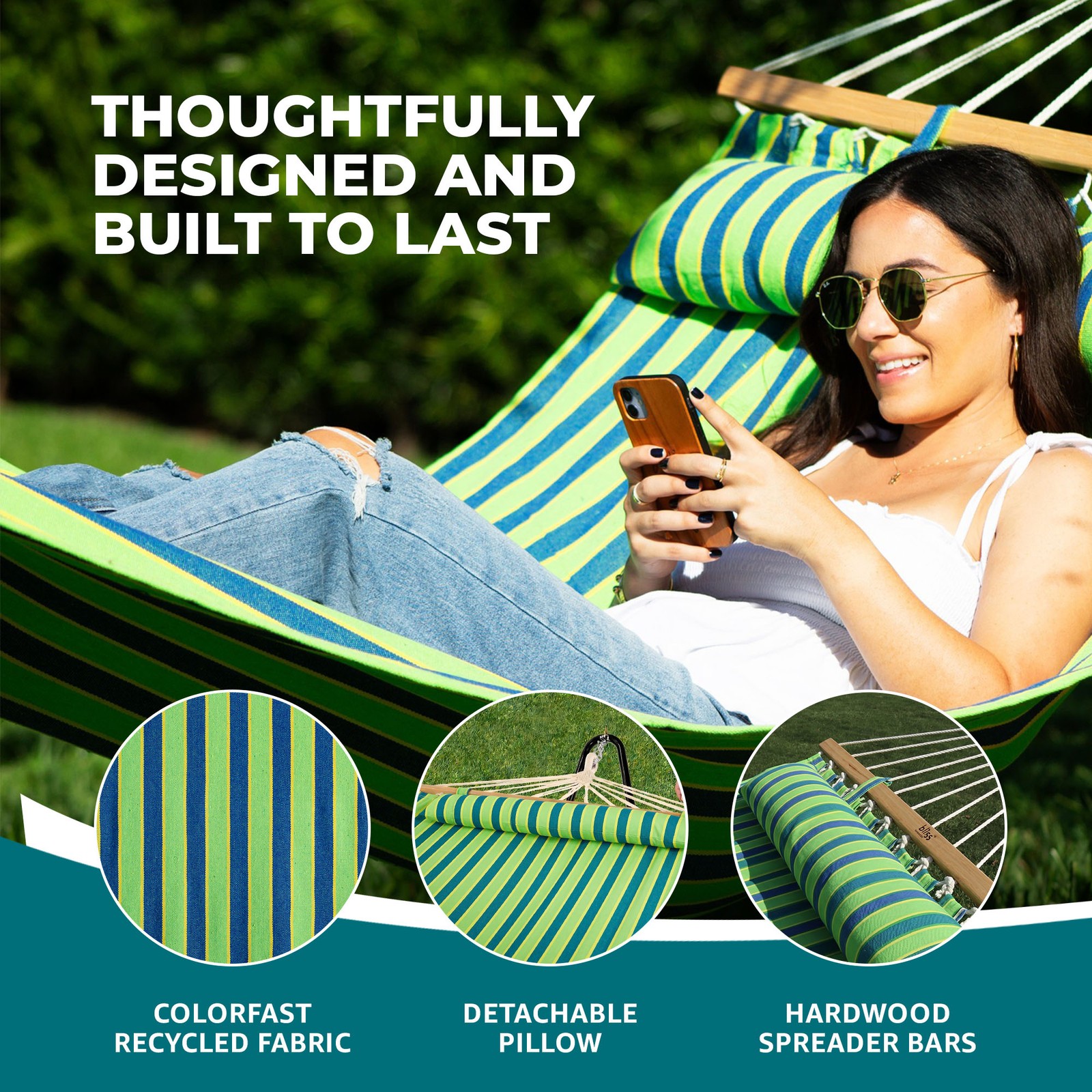 Bliss Hammocks Caribbean Hammock with Pillow & Hardware, 48″ Wide, Mediterranean