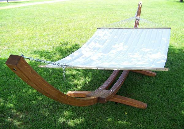 14″ Teak Stain Wood Arc Hammock Stand & Quilted Beige Color Hammock Bed.