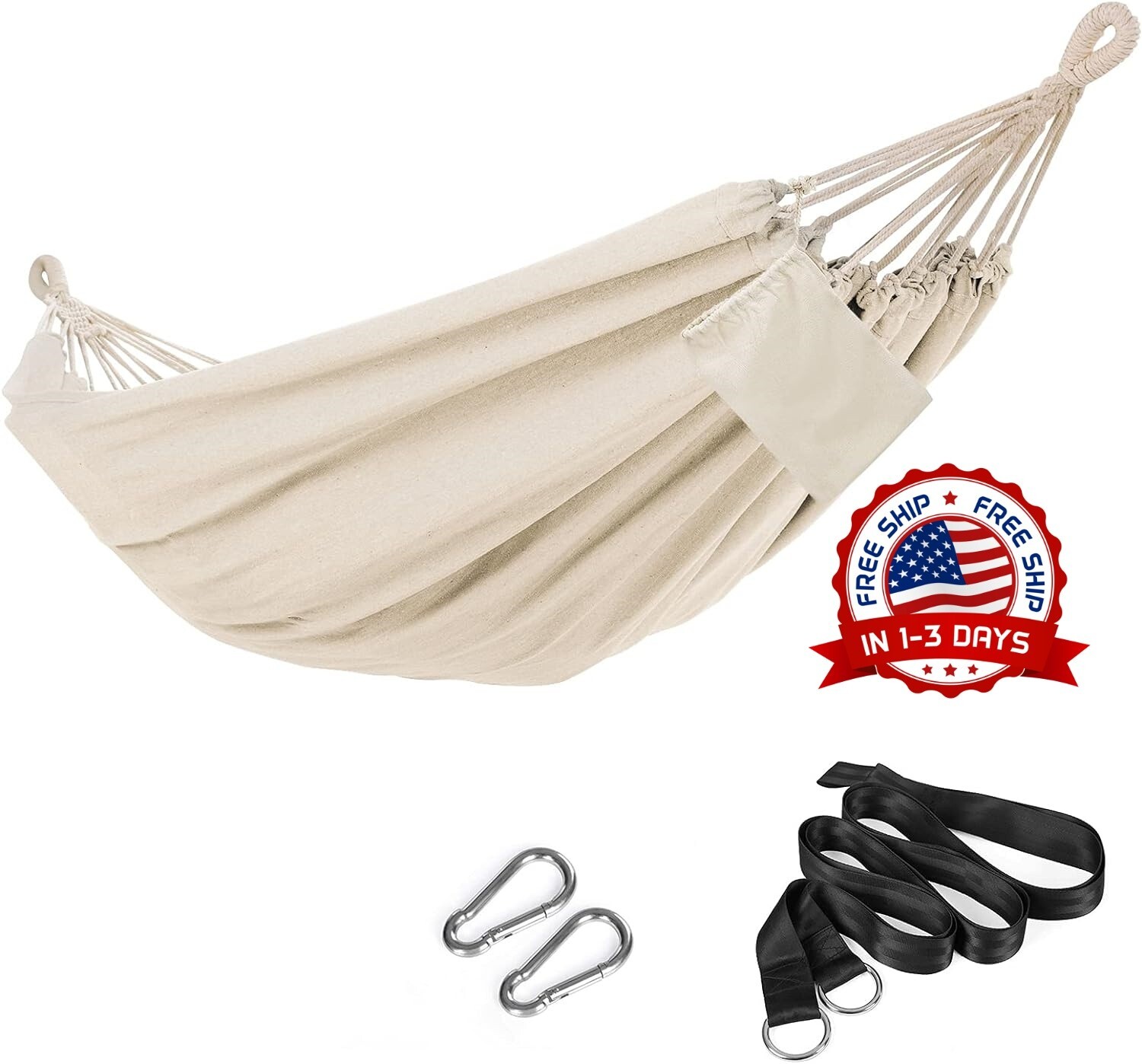 Hamaca doble con bolsa de compresión correas de montaje y mosquetones Beige