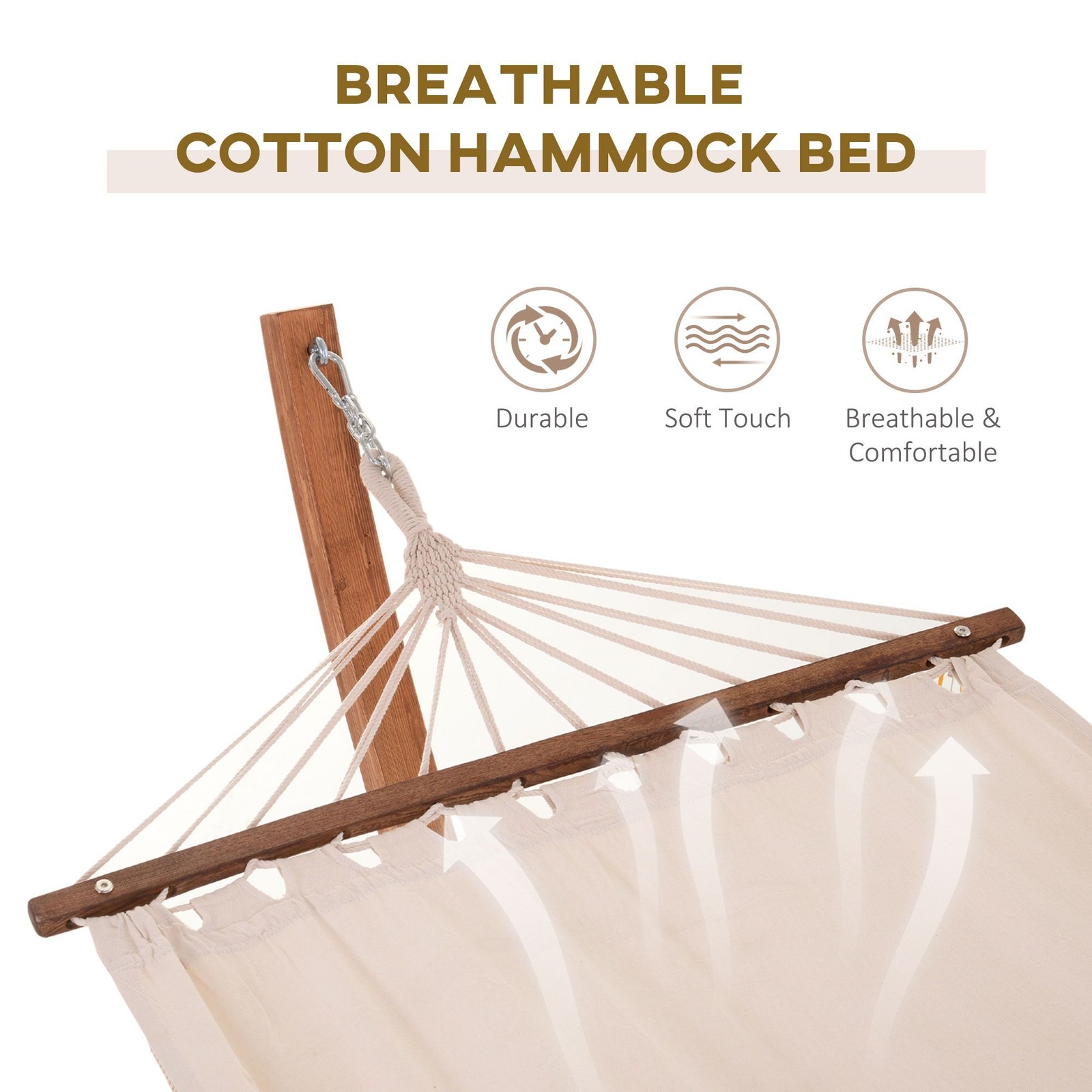 10′ Wood Hammock with Stand, Breathable Cotton Surface, Boho Style for Single Pe
