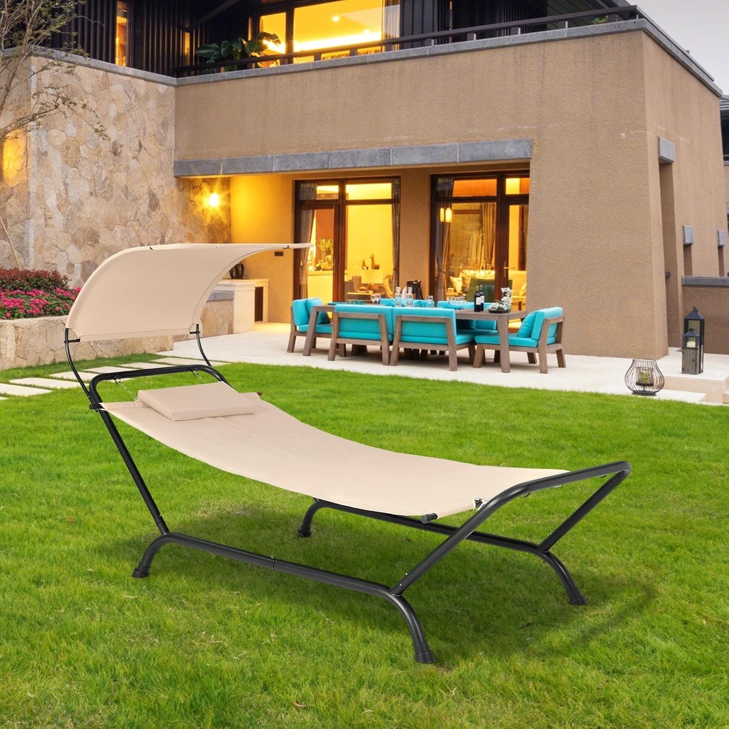 Outdoor Hammock Bed with Stand Heavy Duty Adjustable Sunshade Pillow Storage Poc