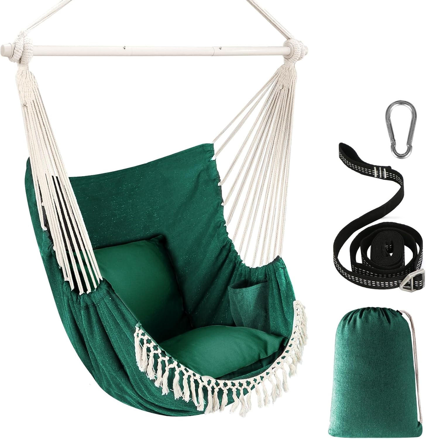 Hammock Swing Chair 500lbs 2 Cushion Steel Spreader Bar Portable Side Pocket