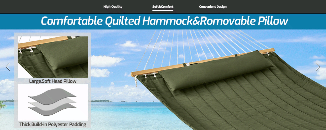 Double Quilted Hammock with Hardwood Spreader Bars & Pillow, 450LBS Green