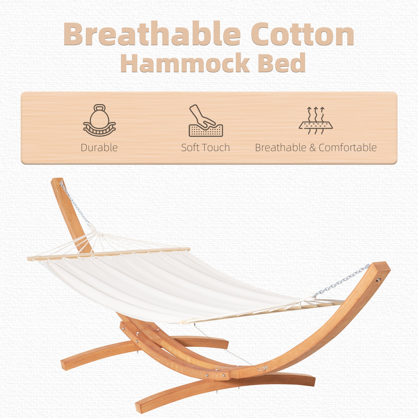 13′ Hammock with Wood Stand for Indoor or Outdoor, Cotton, White